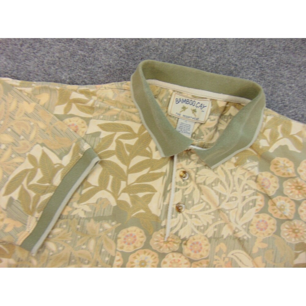 Bamboo Cay‎ Polo Shirt Mens Large Green Tan Floral Cotton Short Sleeve Resort